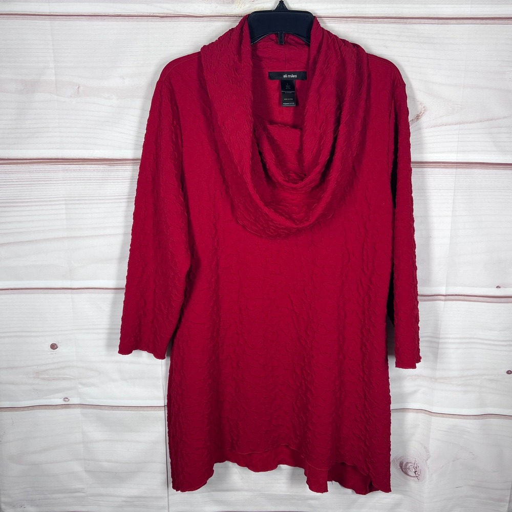 Ali Miles Tunic Top Women Large Red Cowl Neck Textured 3/4 Sleeve Lagenlook Knit